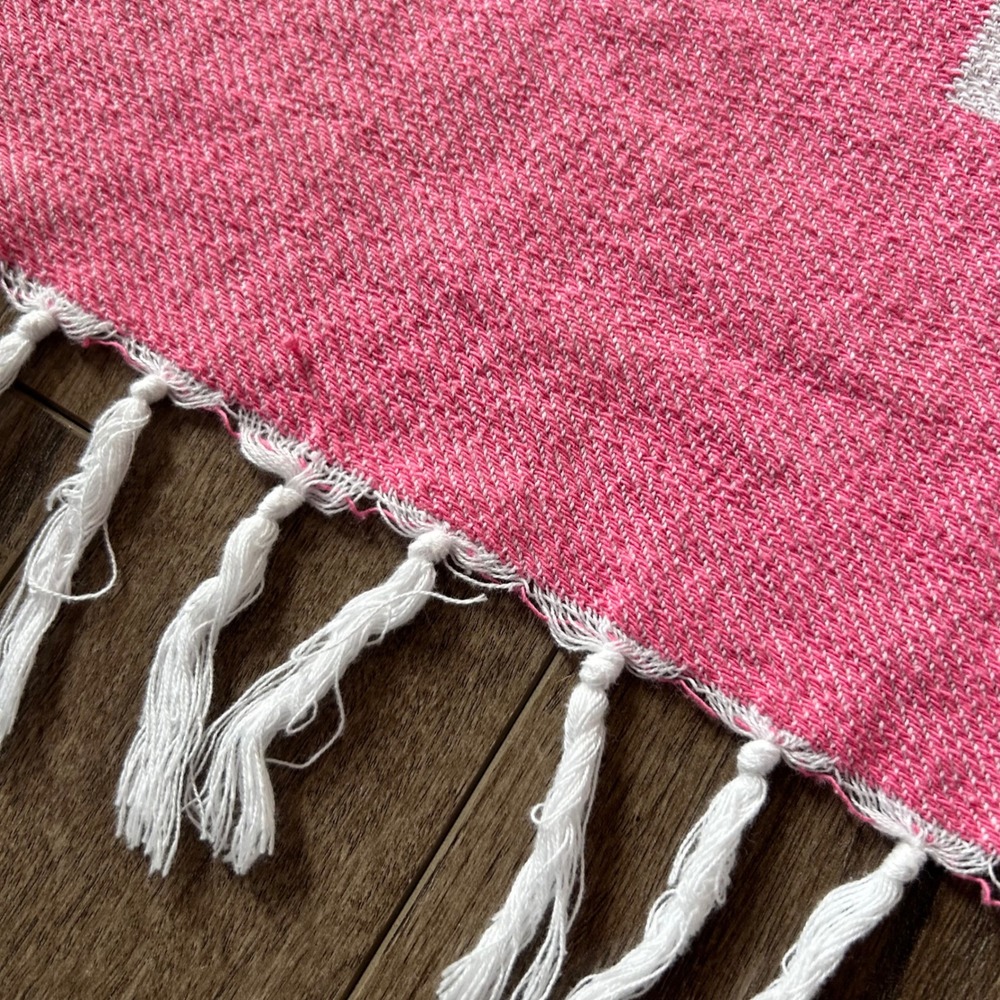 Victoria's Secret PINK Woven Cotton Throw Blanket Pink White Logo Fringe 50x60 - Picture 4 of 7